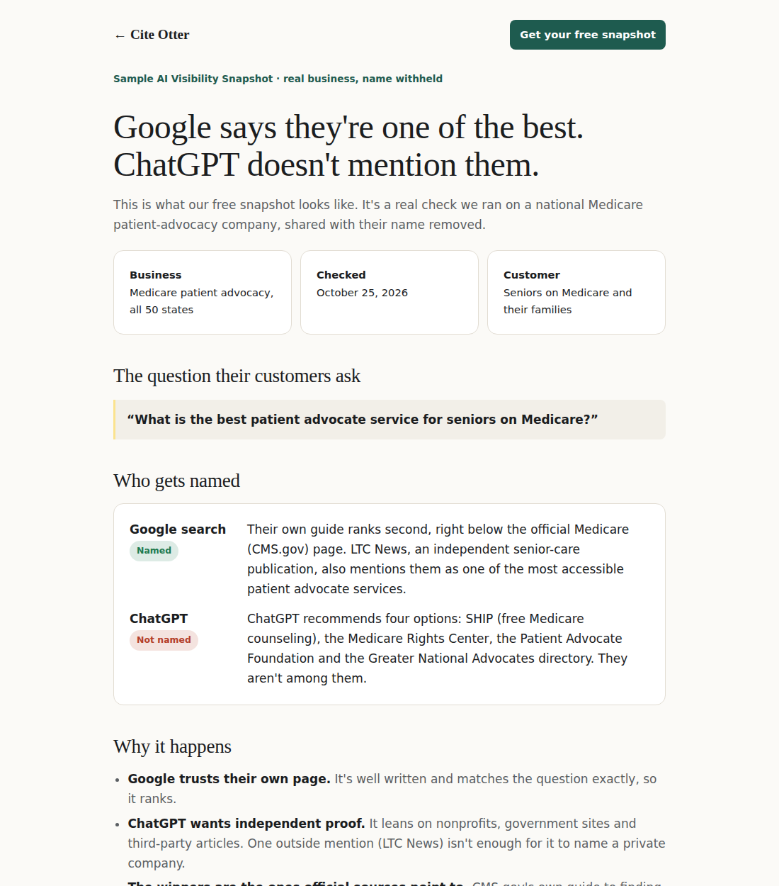 Preview of a real AI Visibility Snapshot report: Google names the business, ChatGPT does not, with the reasons and the plan to fix it.